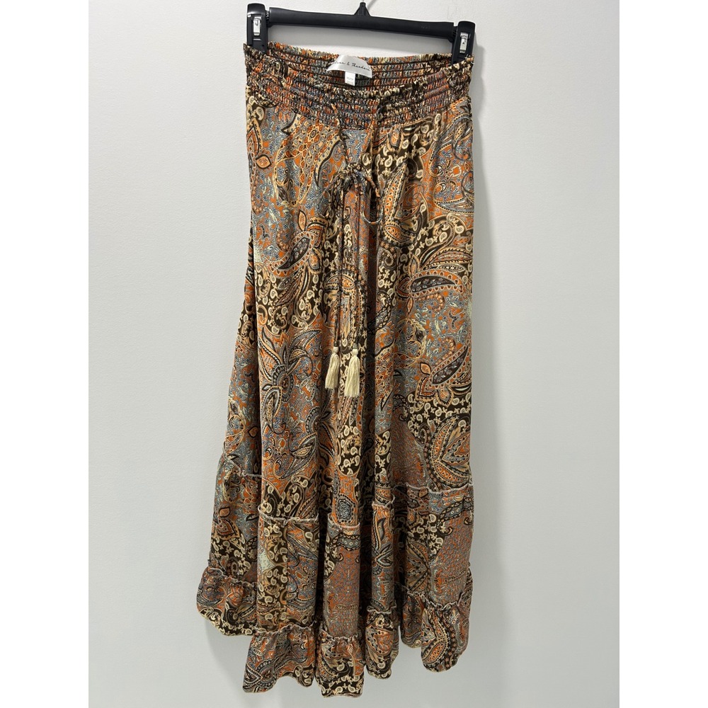 Chelsea & Theodore Paisley Maxi Skirt Orange Brown Boho Smocked Tassel XS